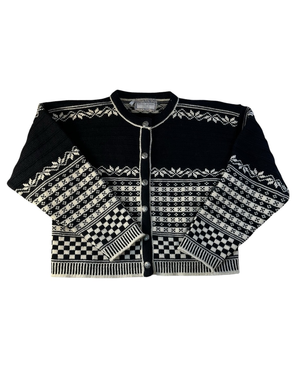 Vintage Norlender Norwegian Wool Cardigan Black Cream Fair Isle Nordic Pewter M - Picture 3 of 10